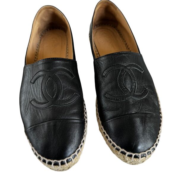 Chanel Black Leather Interlocking CC Logo Espadrilles Flats Size EU 39 - Picture 7 of 14